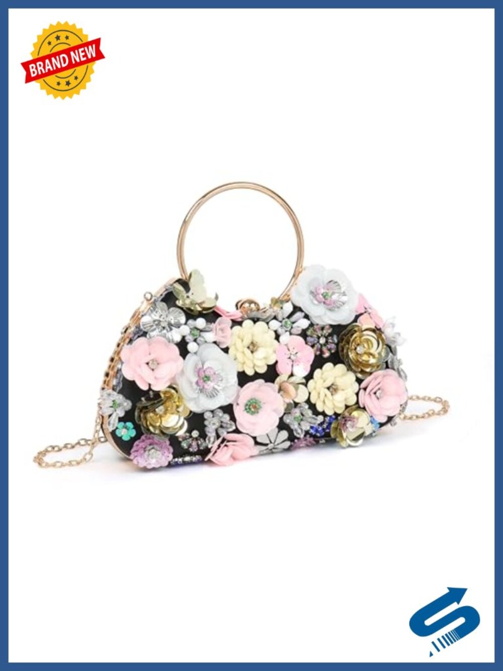 Handmade Floral Sequin Evening Bag Beaded Clutch Purse Metal Ring Handle